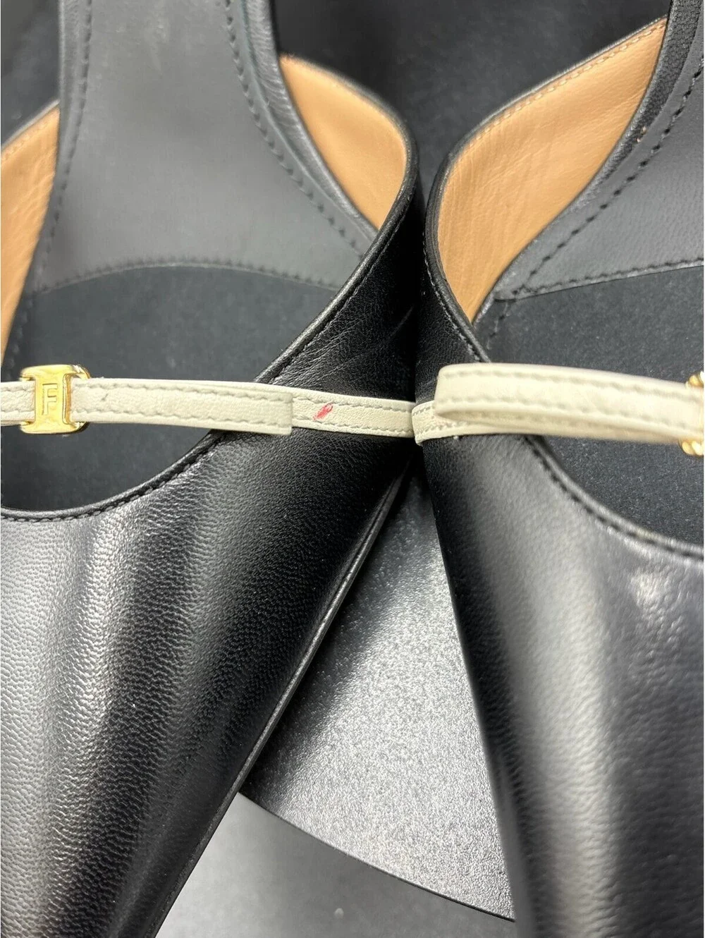 Ferragamo Black Leather Pointed Toe Slingback Heels with Off